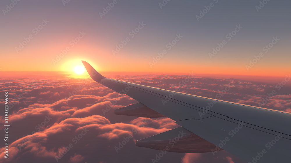 Obraz premium Aerial view of an airplane flying above the clouds from a passenger s perspective at sunset or sunrise featuring the wing of a commercial aircraft high quality. Ivorylight. Illustration