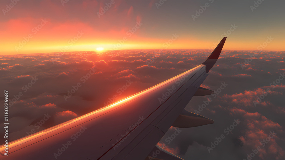 Aerial view of an airplane flying above the clouds from a passenger s perspective at sunset or sunrise featuring the wing of a commercial aircraft high quality. Ivorylight. Illustration Aerial view of an airplane flying above the clouds from a passenger s perspective at sunset or sunrise featuring the wing of a commercial aircraft high quality. Ivorylight. Illustration