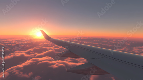 Aerial view of an airplane flying above the clouds from a passenger s perspective at sunset or sunrise featuring the wing of a commercial aircraft high quality. Ivorylight. Illustration photo