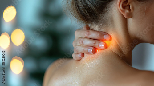 Wallpaper Mural Neck Pain: A woman massages her aching neck with a pained expression. The image depicts the discomfort and suffering of neck pain, highlighting the need for relief and pain management.  Torontodigital.ca