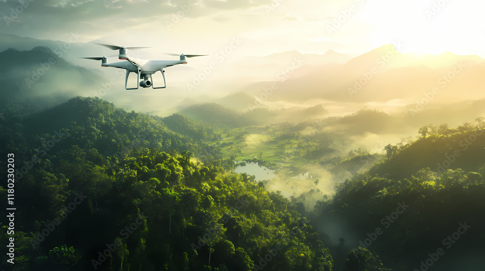 Fototapeta premium Ai-powered drone for environmental conservation with aerial mapping, compact and agile, flying over a national park, under bright sunlight. Ivorylight. Illustration