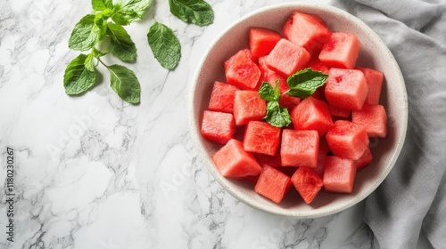 Bowl of fresh watermelon cubes.