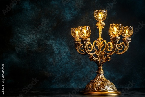 The Jewish festival of Hanukkah is illustrated with a menorah, a traditional candelabra, and candles that are alight photo