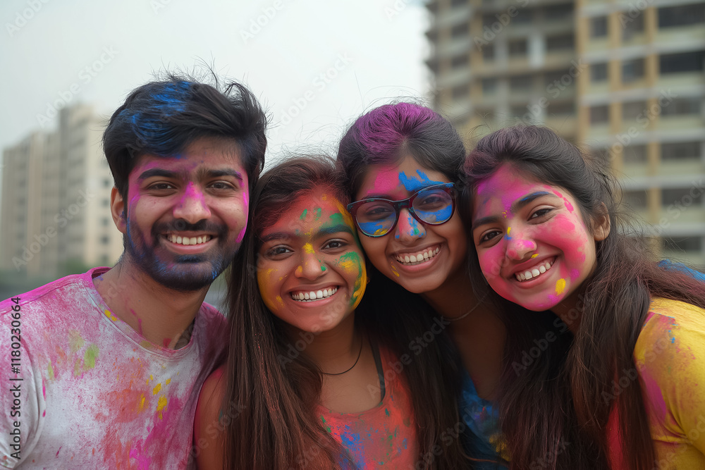 Fototapeta premium Friends posing with colorful faces and wide smiles, showing Holi excitement