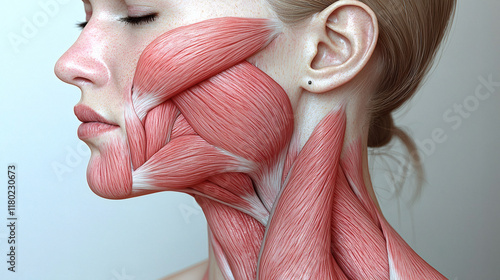 Anatomy of Beauty: A captivating close-up profile of a woman's face and neck, showcasing the intricate network of facial muscles.