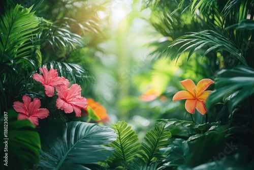 Lush green jungle scenery with abundant flowers photo