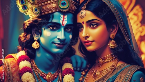 Divine Portrait of Lord Krishna and Goddess Radha in Vibrant Traditional Art photo