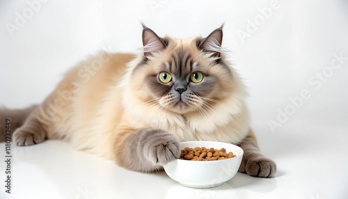 Fluffy cat enjoying a meal.  A longhaired feline with striking eyes sits near its food bowl, paws gently touching the side.  A picture of feline contentment. photo