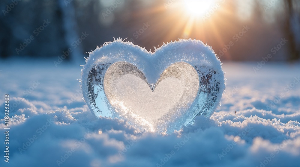 Fototapeta premium Transparent ice heart glowing in snow. Winter proposal in the snow.