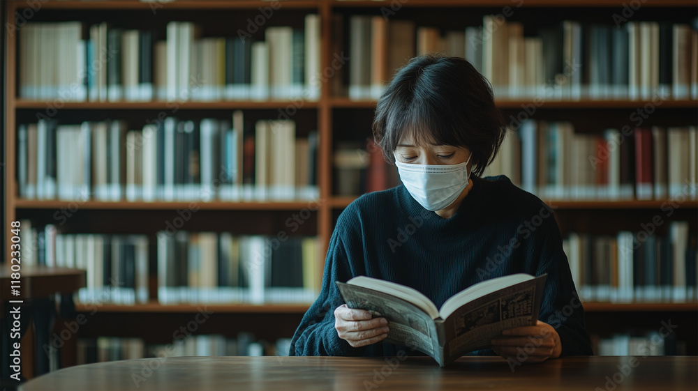 静かな図書館で読書に集中する白いマスク姿の50代女性 静かな図書館で読書に集中する白いマスク姿の50代女性