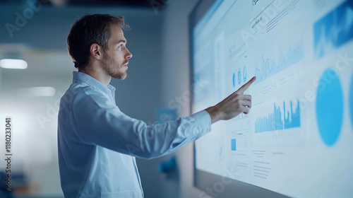 Teacher explains data analytics concepts in a modern classroom setting. Generative AI