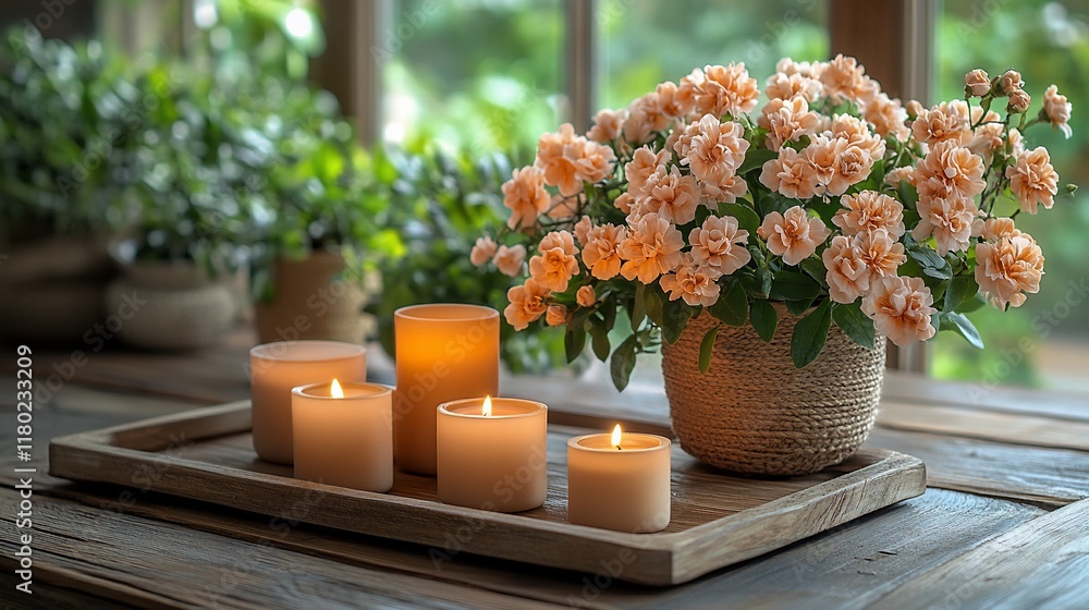 Obraz premium Serene Candles and Peach Roses: A Tranquil Home Setting