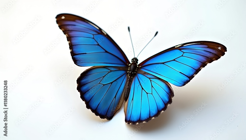 Fototapeta premium Vibrant blue morpho butterfly with intricate wing details, showcased against a clean white background. A stunning display of nature's artistry.