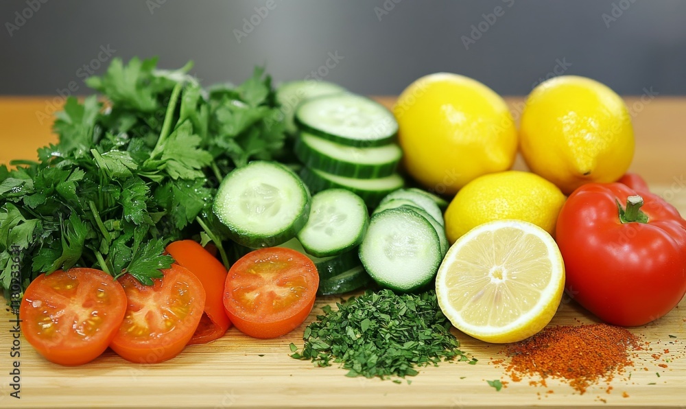 A vivid display of fresh ingredients for a healthy salad, including cucumber, tomato, pepper, lemon, herbs and spices. A vivid display of fresh ingredients for a healthy salad, including cucumber, tomato, pepper, lemon, herbs and spices.