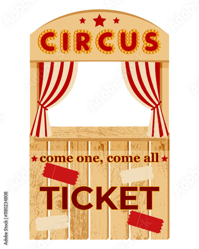 Vintage wooden circus ticket booth with red striped curtains and marquee lights on a white background. Carnival-themed design with decorative text and tickets.