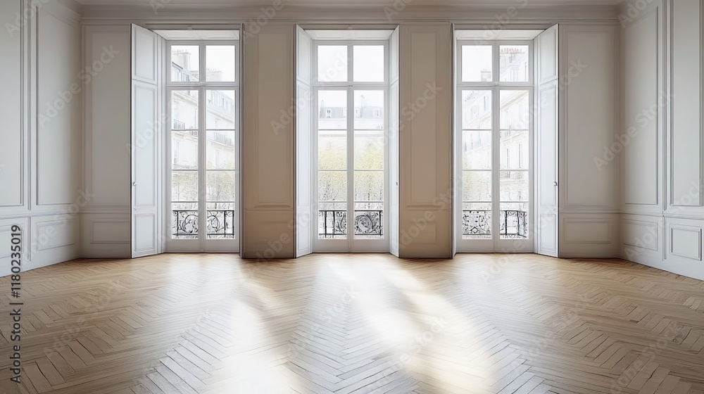 Obraz premium A large room with three French doors and herringbone wood floors