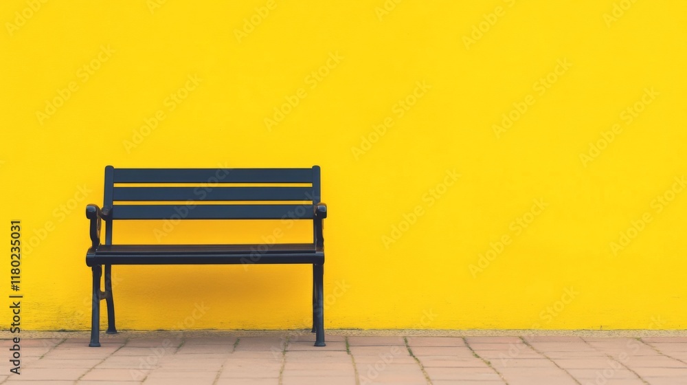 Lone black bench against vibrant yellow wall. Lone black bench against vibrant yellow wall.