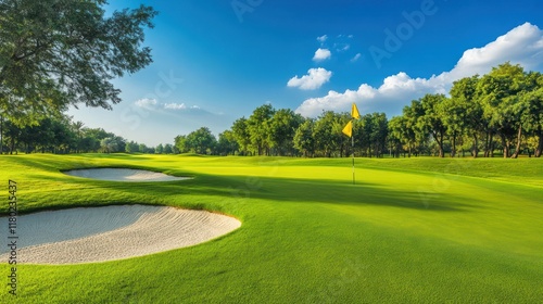 Sunny golf course green, sand trap, flag, trees, summer day, advertising photo