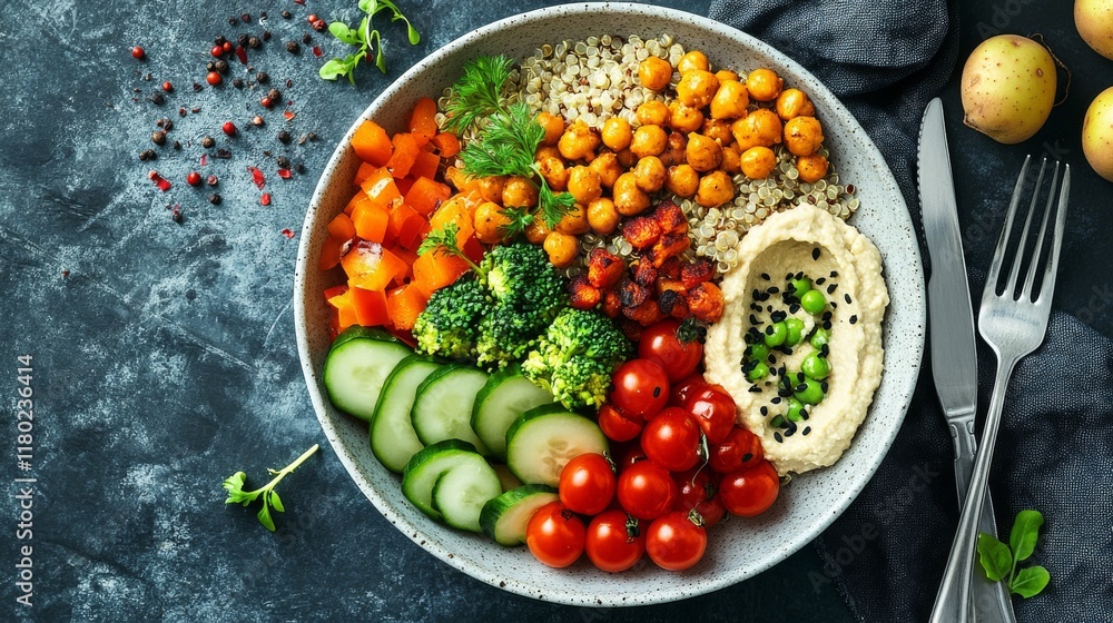 A colorful bowl brimming with vibrant quinoa, fresh vegetables, and hummus, artfully arranged for a wholesome and delicious meal. A colorful bowl brimming with vibrant quinoa, fresh vegetables, and hummus, artfully arranged for a wholesome and delicious meal.
