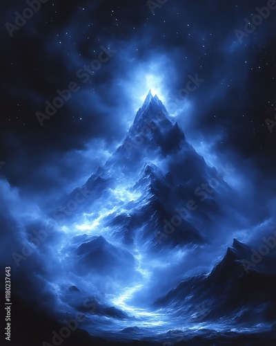 Mystical blue mountain peak glowing at night. photo