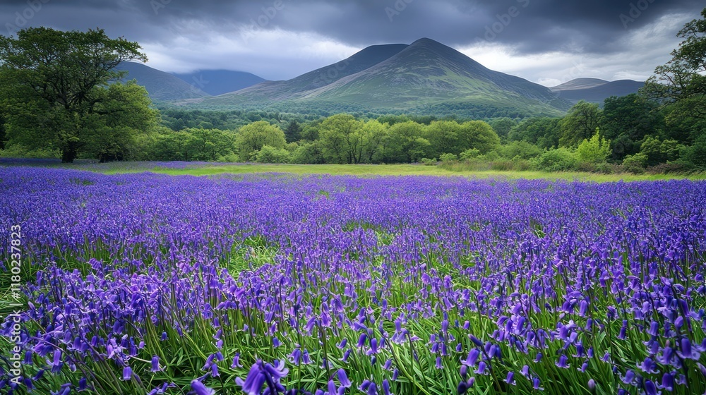 Bluebell meadow, mountain backdrop, springtime, UK, nature calendar Bluebell meadow, mountain backdrop, springtime, UK, nature calendar