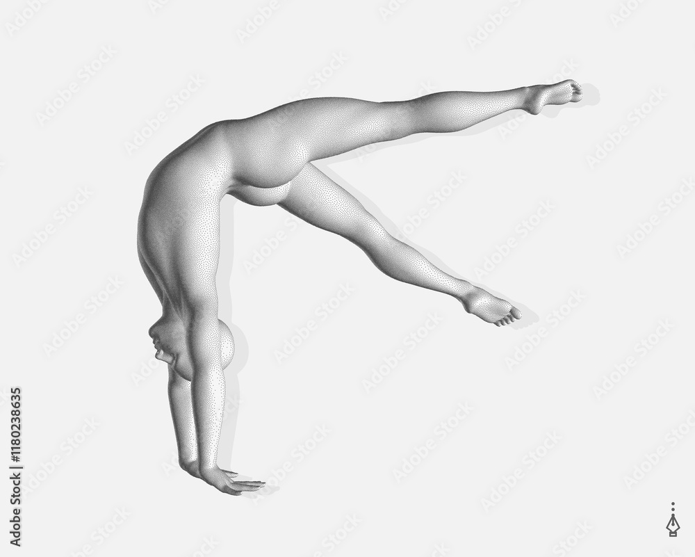 Man making one arm handstand. Gymnast. 3D model of human body. Sports symbol for fitness studio, dance class, yoga or aerobics classes. Vector illustration. Man making one arm handstand. Gymnast. 3D model of human body. Sports symbol for fitness studio, dance class, yoga or aerobics classes. Vector illustration.