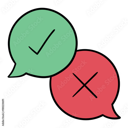 Hand drawn cartoon check mark and cross in red and green speech bubbles icon on white background.