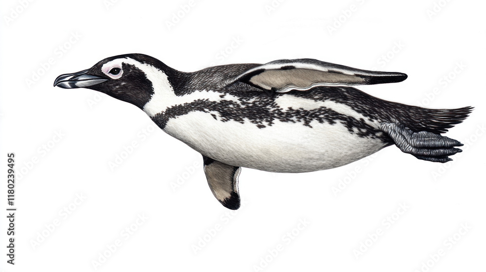 A Humboldt penguin swimming underwater, isolated on white background. A Humboldt penguin swimming underwater, isolated on white background.