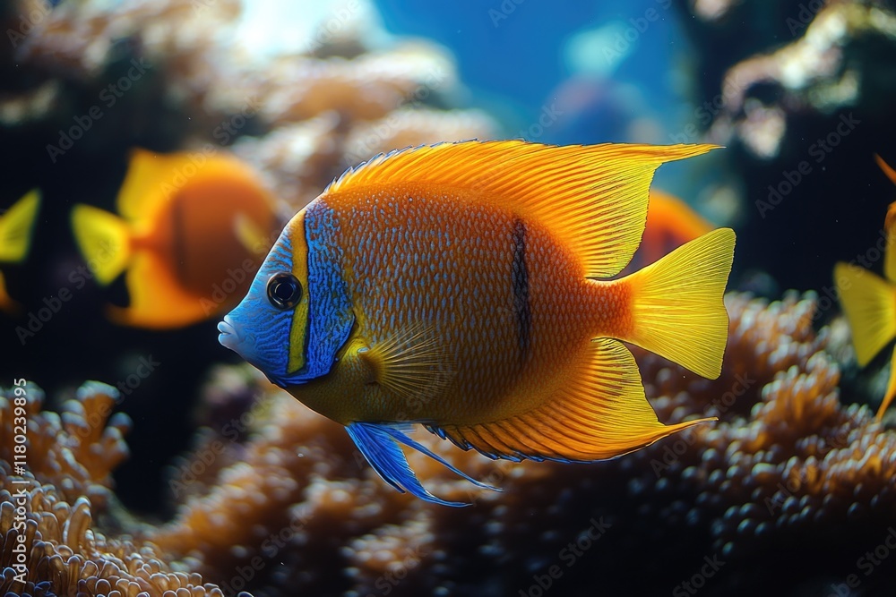 Naklejka premium A close-up shot of a fish swimming in an aquarium, perfect for use in designs about marine life or aquatic themes