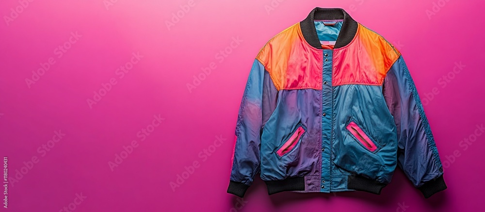Fototapeta premium Vintage 80s Color Block Bomber Jacket on Pink Background