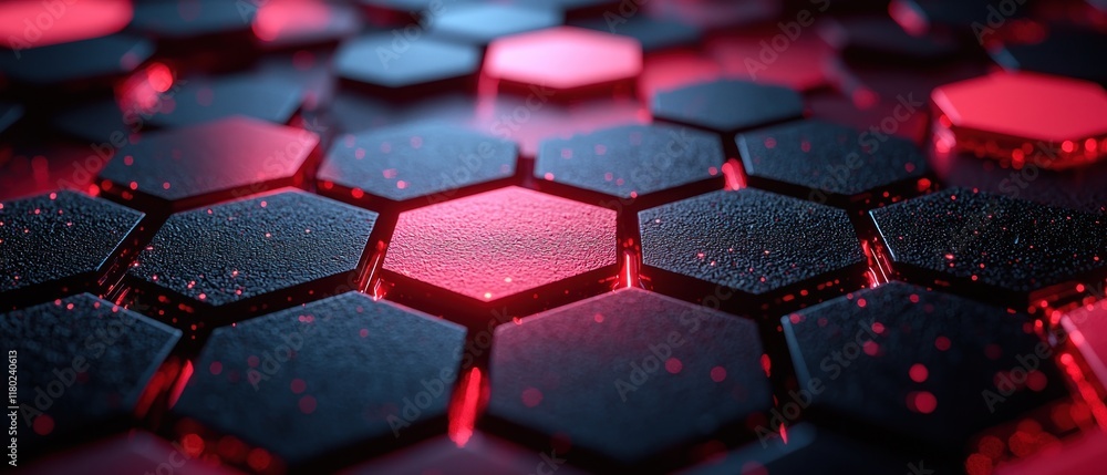 A close-up view of hexagonal patterns with glowing red accents, showcasing a futuristic design. A close-up view of hexagonal patterns with glowing red accents, showcasing a futuristic design.