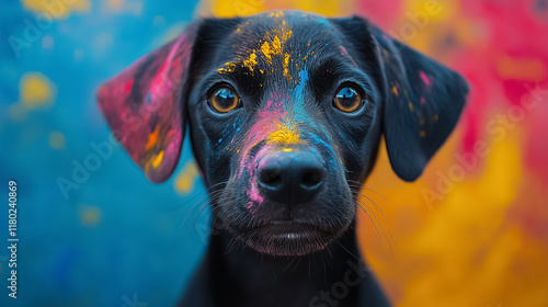 portrait of a dog at the multicolored festival of colors Holi photo