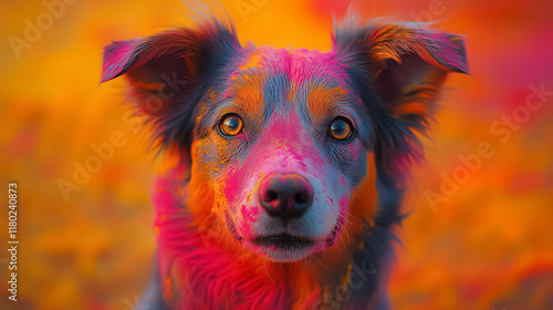 portrait of a dog at the multicolored festival of colors Holi photo