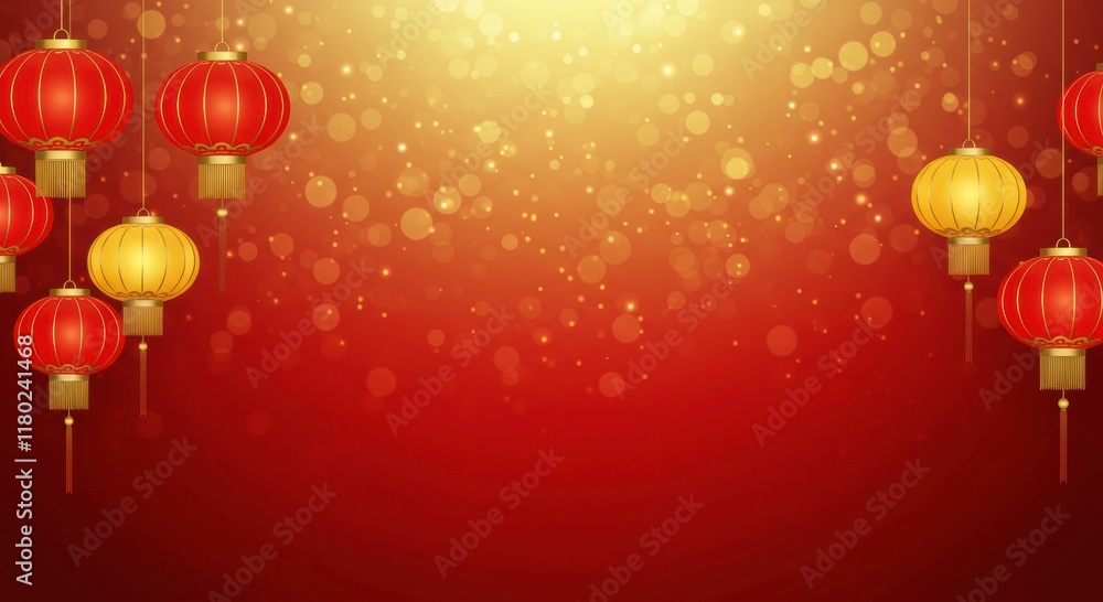 Chinese New Year Lantern Background: Red and gold lanterns hang against a shimmering backdrop of sparkling bokeh. Chinese New Year Lantern Background: Red and gold lanterns hang against a shimmering backdrop of sparkling bokeh.
