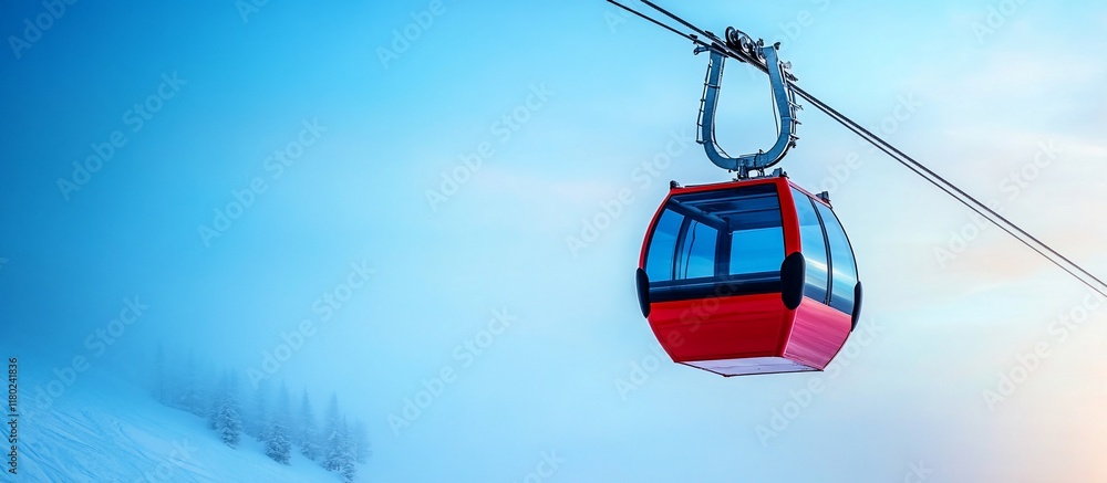 Red Cable Car Ascending Snowy Mountain Peak Red Cable Car Ascending Snowy Mountain Peak