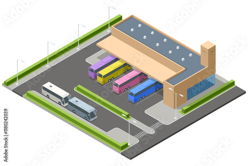 Isometric vector showing a large bus terminal with multiple colored buses, parking areas, and a modern building. Represents intercity and international bus travel infrastructure