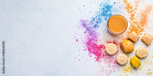 holi celebration design, design a trendy postcard with holi sweets like gujiya and thandai on the right side, colorful splashes, and text space on the left photo