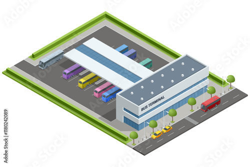 Isometric vector of a modern bus terminal labeled Bus Terminal with buses parked in designated spaces and adjacent streets. Highlights organized intercity and international bus services