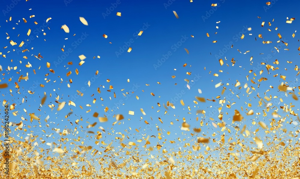 Blue sky with gold confetti falling from the sky. The confetti is scattered all over the sky, creating a festive and celebratory atmosphere Blue sky with gold confetti falling from the sky. The confetti is scattered all over the sky, creating a festive and celebratory atmosphere