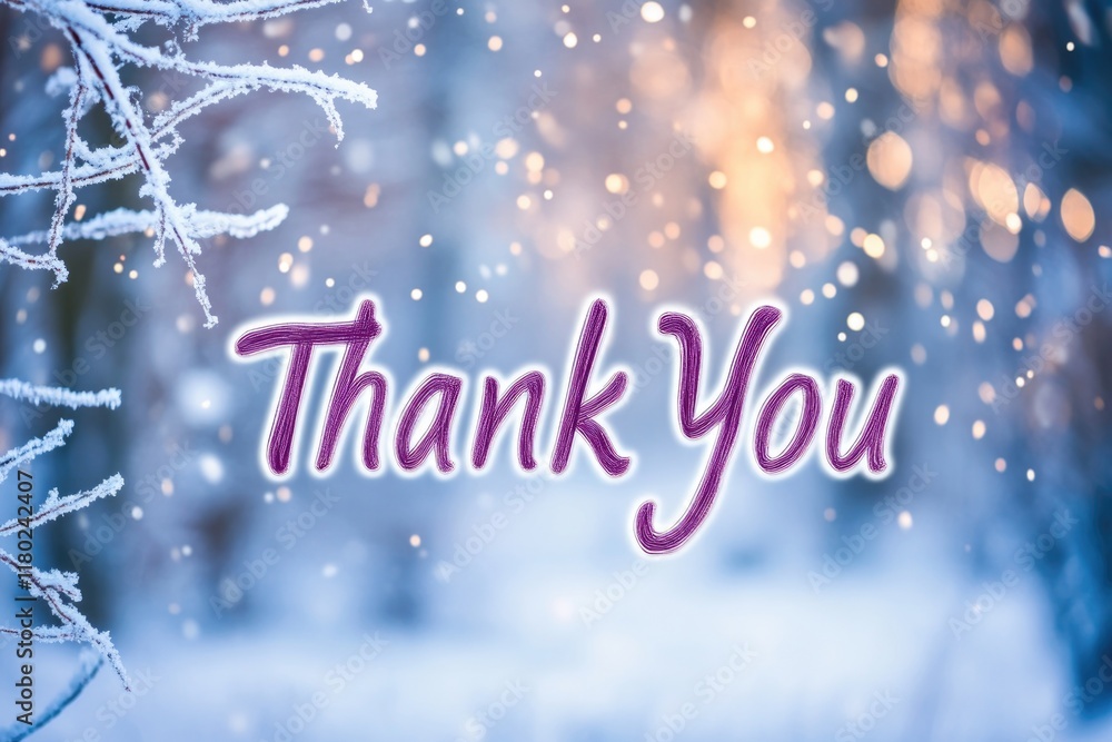 A vibrant thank you message shines amidst a serene winter landscape. Snowflakes gently float, creating a magical atmosphere perfect for appreciation and gratitude A vibrant thank you message shines amidst a serene winter landscape. Snowflakes gently float, creating a magical atmosphere perfect for appreciation and gratitude