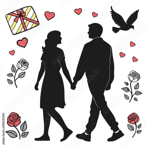 happy valentine's day couple silhouette vector illustration