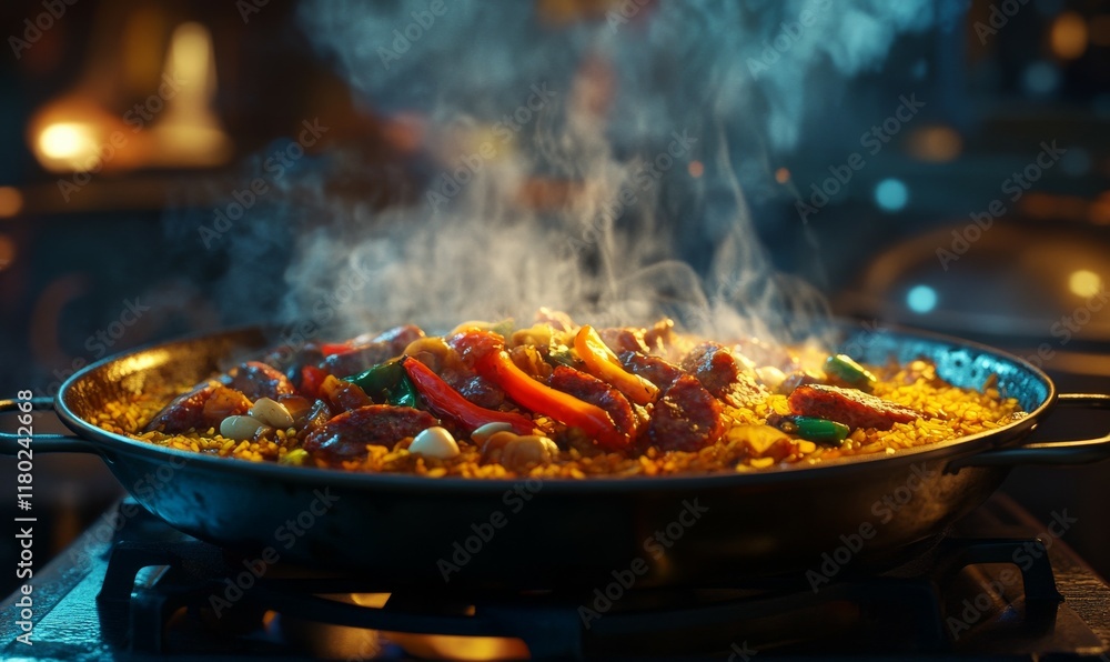 A steaming hot paella filled with chorizo, peppers and garlic. This traditional Spanish meal is cooked to perfection in this image. A steaming hot paella filled with chorizo, peppers and garlic. This traditional Spanish meal is cooked to perfection in this image.