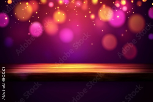 Nighttime scene featuring a wooden table with lights. Product display or mock-up photo