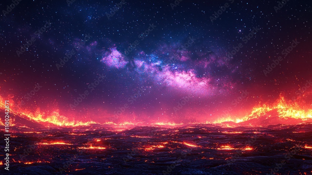 Naklejka premium Fiery landscape under starlit sky.