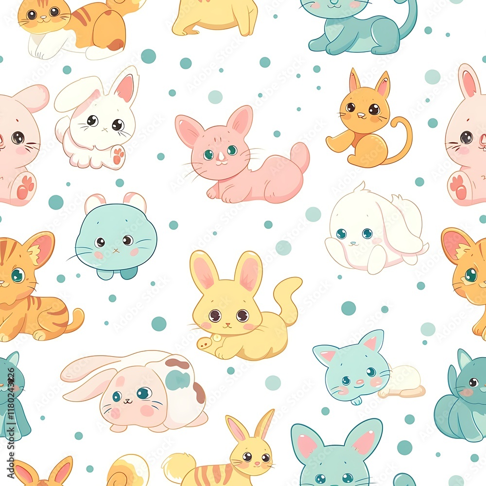 Adorable Cartoon Cats and Rabbits Seamless Pattern Adorable Cartoon Cats and Rabbits Seamless Pattern