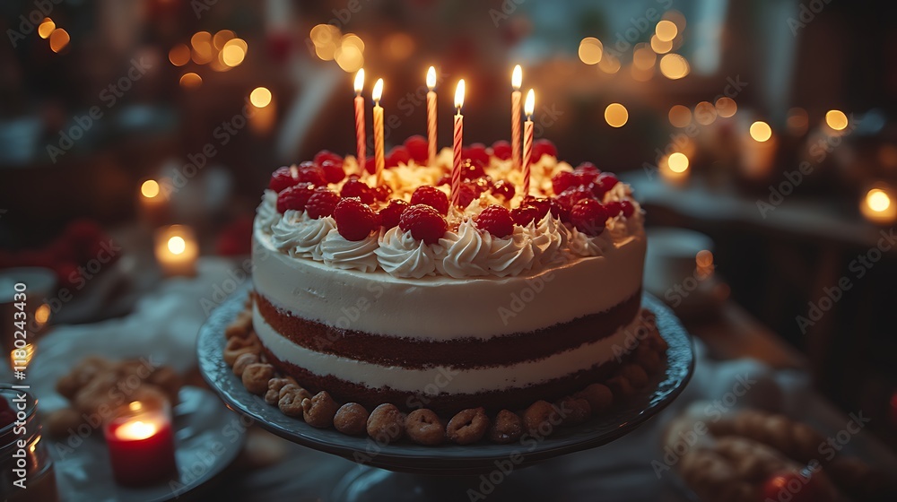 Raspberry cake with lit candles on a cake stand. Raspberry cake with lit candles on a cake stand.