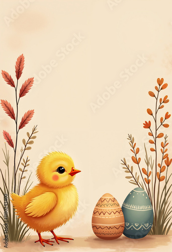 Baby chick Easter illustration in boho style, surrounded by pampas grass, wildflowers, and muted pastel eggs on a soft sandy beige background