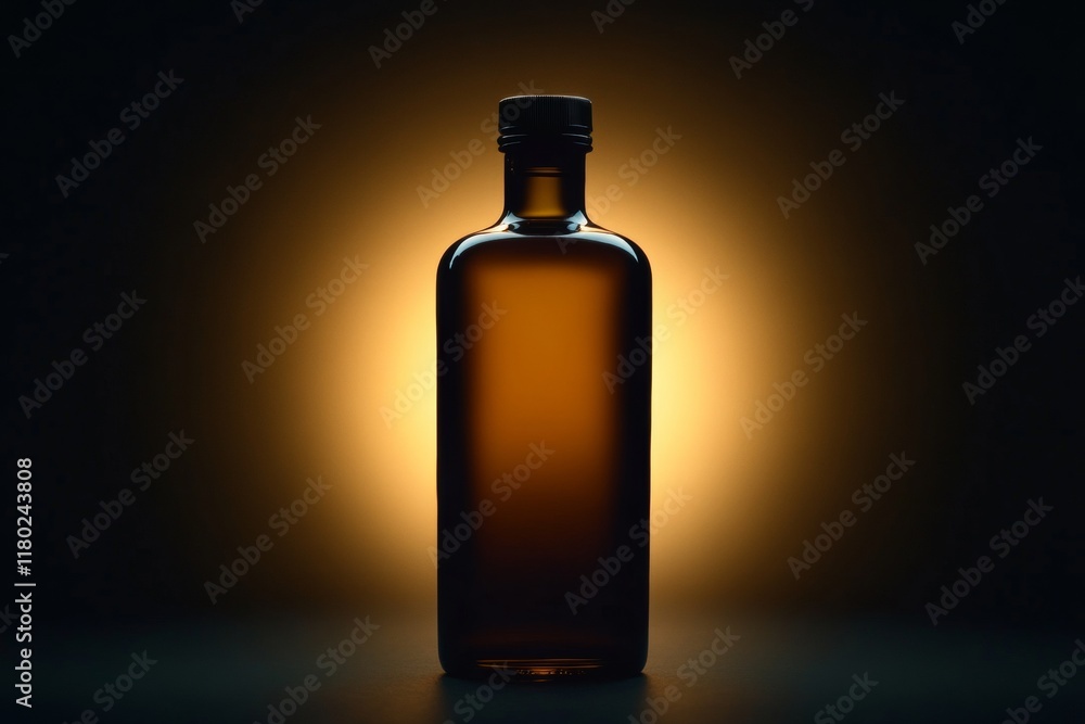 A bottle stands illuminated on a dark backdrop, showcasing its silhouette and unique shape. The soft glow accentuates the glass material and creates an intriguing visual contrast A bottle stands illuminated on a dark backdrop, showcasing its silhouette and unique shape. The soft glow accentuates the glass material and creates an intriguing visual contrast
