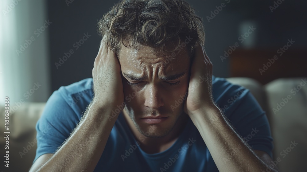 A man is sitting on the couch with his head in his hands, looking sad and stressed. A man is sitting on the couch with his head in his hands, looking sad and stressed.