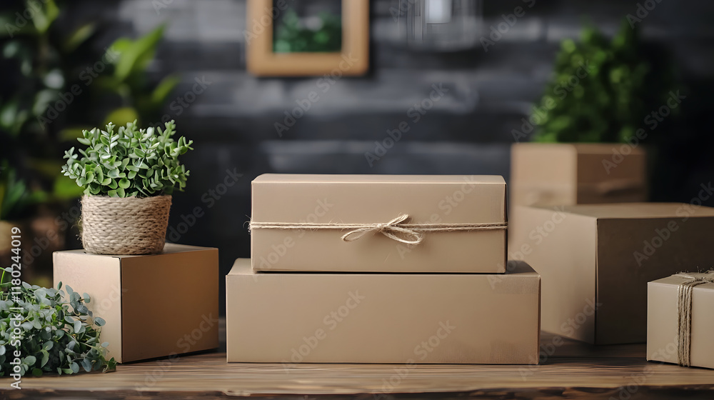 Close-up of Cardboard Boxes with Plants in the Background Close-up of Cardboard Boxes with Plants in the Background